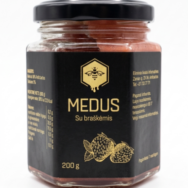 Medus su braškėmis 200 g.