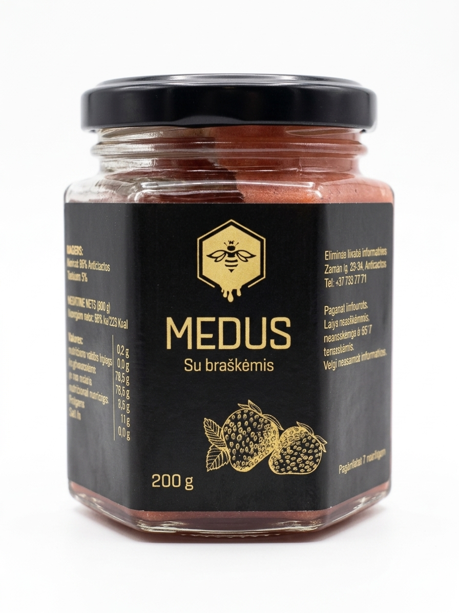 Medus su braškėmis 200 g.