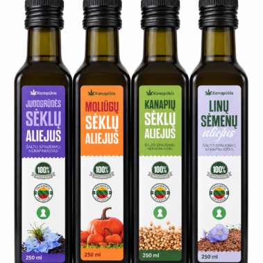 KANAPŪKIS Juodgrūdės, linų, kanapių, moliūgų sėklų aliejai 250 ml, 4 in 1