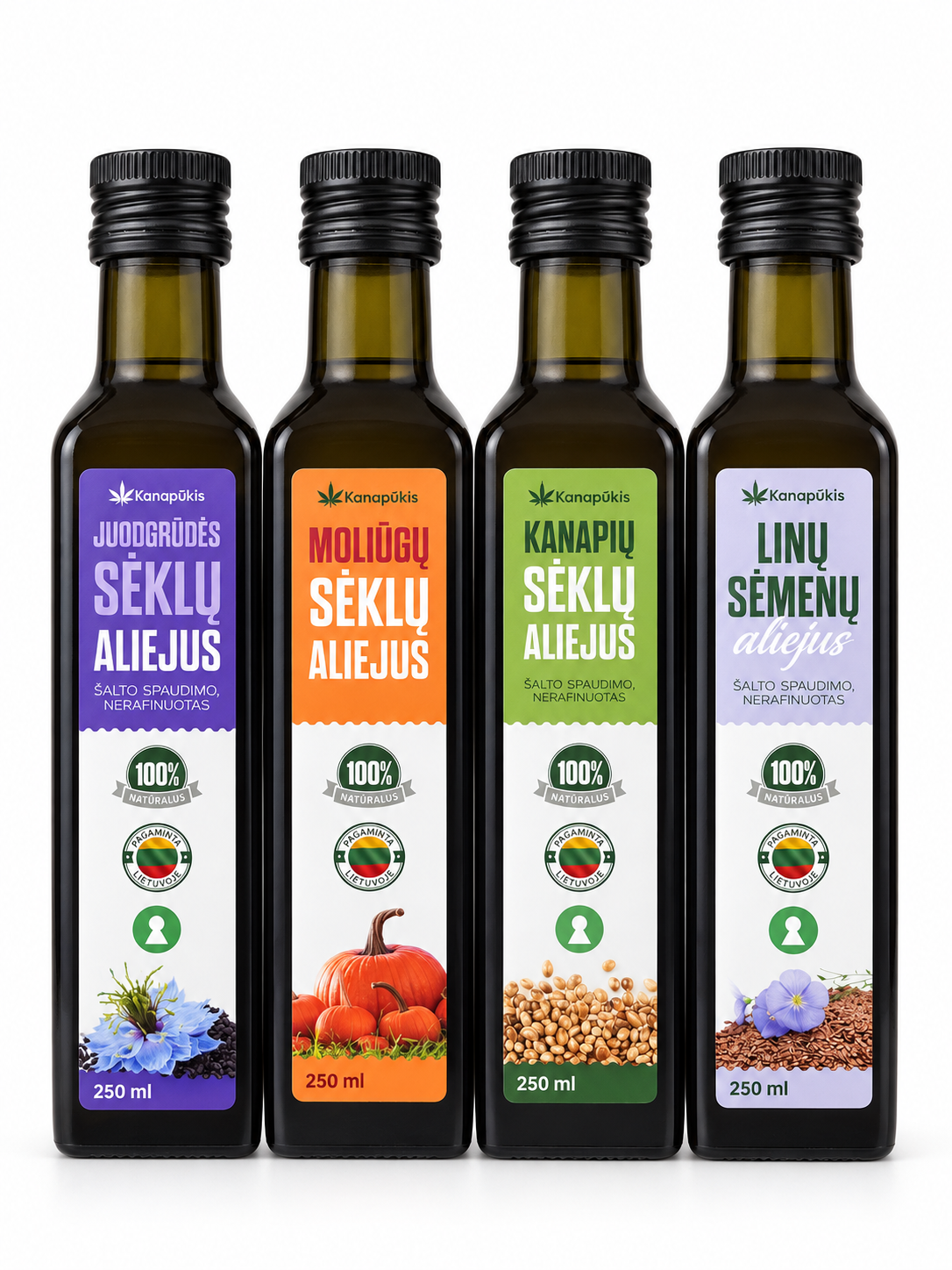 KANAPŪKIS Juodgrūdės, linų, kanapių, moliūgų sėklų aliejai 250 ml, 4 in 1